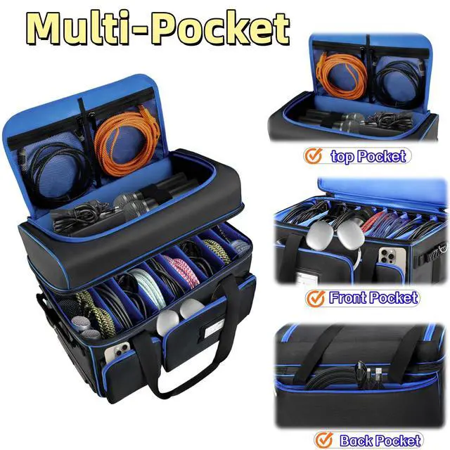 Alt view image 3 of 7 - DJ Cable Organizer Bag with Wheels,Soft Gig Bag for DJ Equipment with 9 Detachable Dividers, Medium Padded Soft Storage Case with Multiple Pockets for Microphone, Cord, Headset & Music Accessories