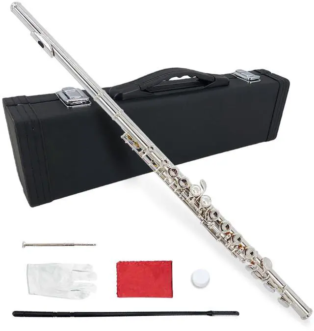 Main image of 16 Key Closed Hole C Flute for Beginner Adults Silver Plated Nickel Flute with Carrying Case, Cleaning Kit, Tuning Rod, Gloves Lightweight, Durable & Easy to Play (Sliver)