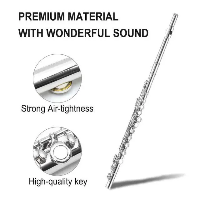 Alt view image 4 of 7 - 16 Key Closed Hole C Flute for Beginner Adults Silver Plated Nickel Flute with Carrying Case, Cleaning Kit, Tuning Rod, Gloves Lightweight, Durable & Easy to Play (Sliver)