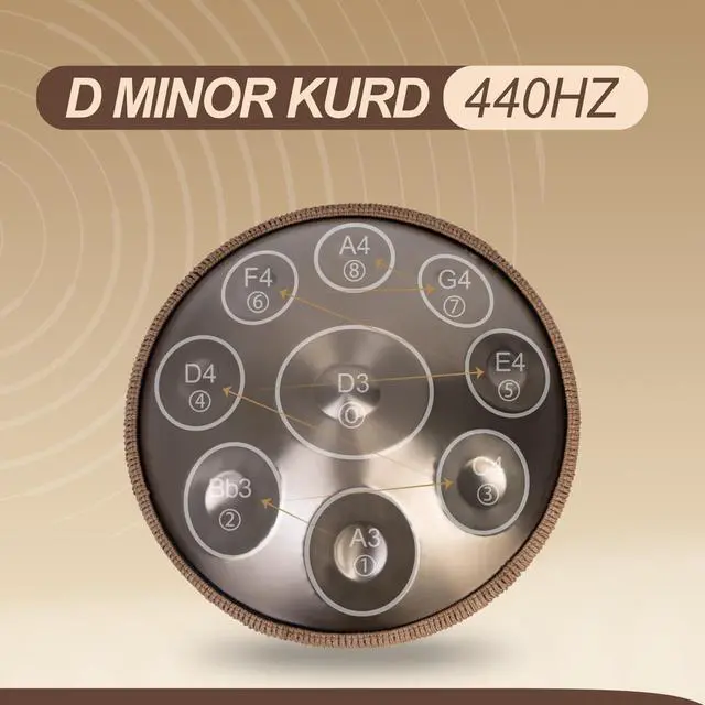 Alt view image 2 of 6 - Handpan Drum - 22-Inch 9-Note D Kurd 440Hz - Hand Tuning Handpan - Includes Soft Bag, Mallets, Stand, Note Stickers, Cleaning Cloth - Artist Performance Video