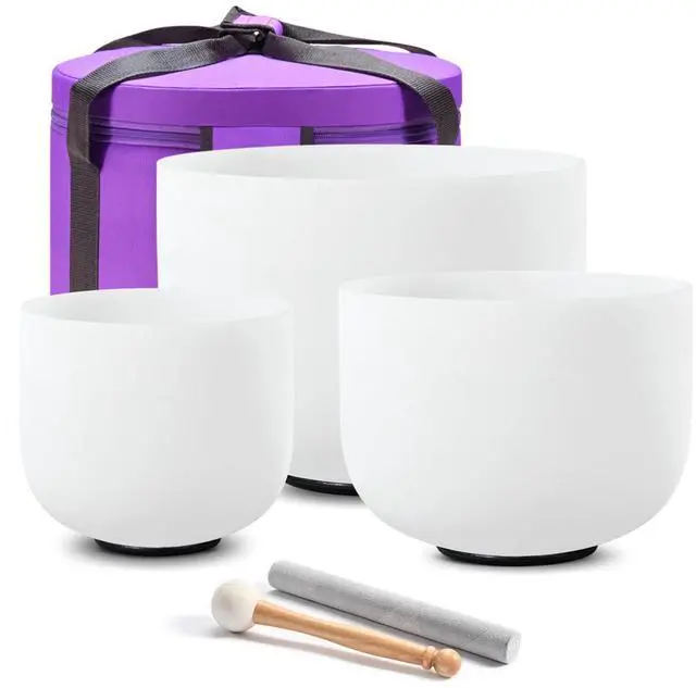 Main image of CRYSTAL SINGING BOWLS SET of 3 440HZ 7" G 9" E and 11" C | Frosted White Quartz Chakra Bowls Set of 3 with Carry Case Bag for Sound Healing Meditation