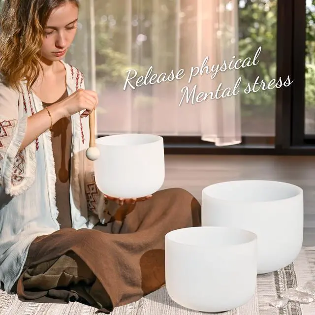 Alt view image 2 of 6 - CRYSTAL SINGING BOWLS SET of 3 440HZ 7" G 9" E and 11" C | Frosted White Quartz Chakra Bowls Set of 3 with Carry Case Bag for Sound Healing Meditation
