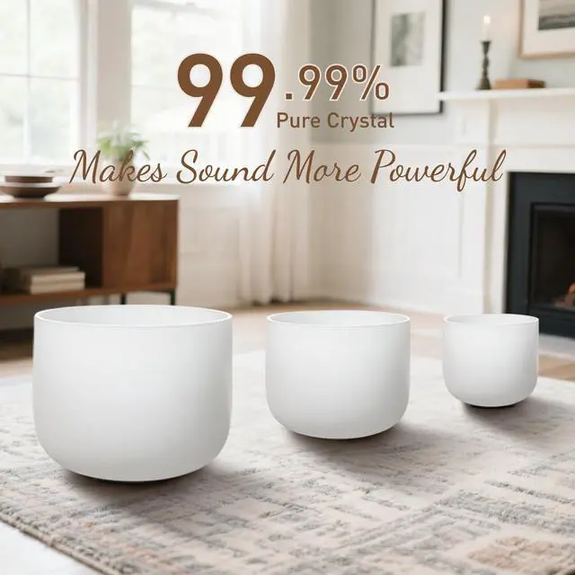 Alt view image 3 of 6 - CRYSTAL SINGING BOWLS SET of 3 440HZ 7" G 9" E and 11" C | Frosted White Quartz Chakra Bowls Set of 3 with Carry Case Bag for Sound Healing Meditation