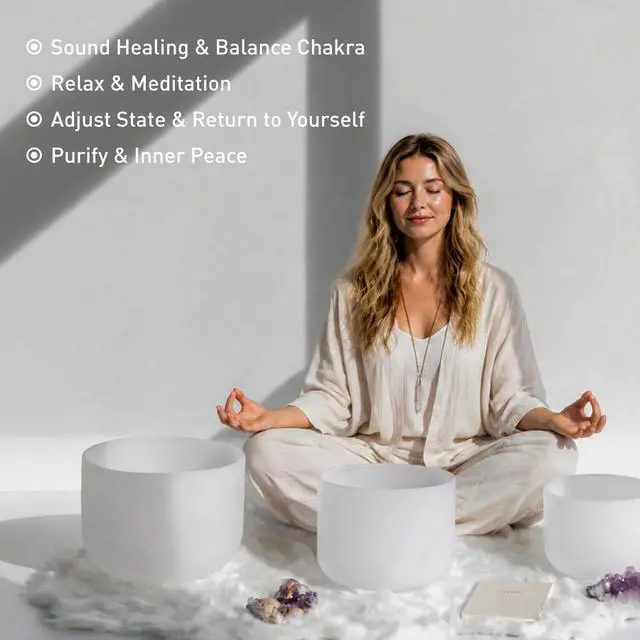 Alt view image 4 of 6 - CRYSTAL SINGING BOWLS SET of 3 440HZ 7" G 9" E and 11" C | Frosted White Quartz Chakra Bowls Set of 3 with Carry Case Bag for Sound Healing Meditation