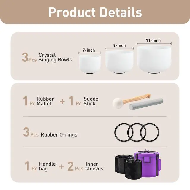 Alt view image 6 of 6 - CRYSTAL SINGING BOWLS SET of 3 440HZ 7" G 9" E and 11" C | Frosted White Quartz Chakra Bowls Set of 3 with Carry Case Bag for Sound Healing Meditation