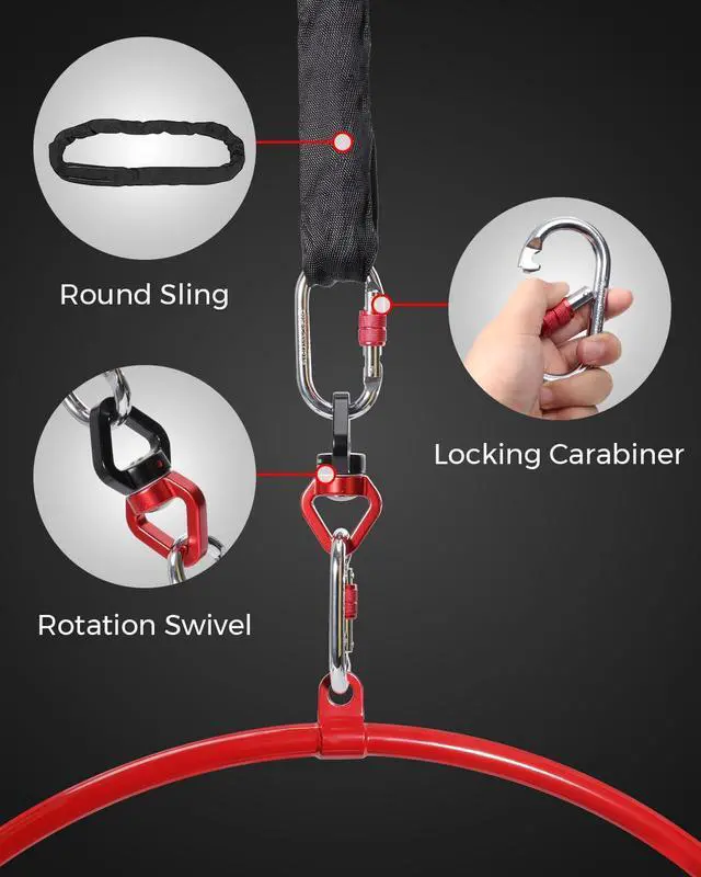 Alt view image 3 of 6 - Professional Premium Red Aerial Hoop Kit, Single-Point Ring | Professional Aerial Ring Set, 2-Ton Safety System, Glossy Finish, Tape Not Included