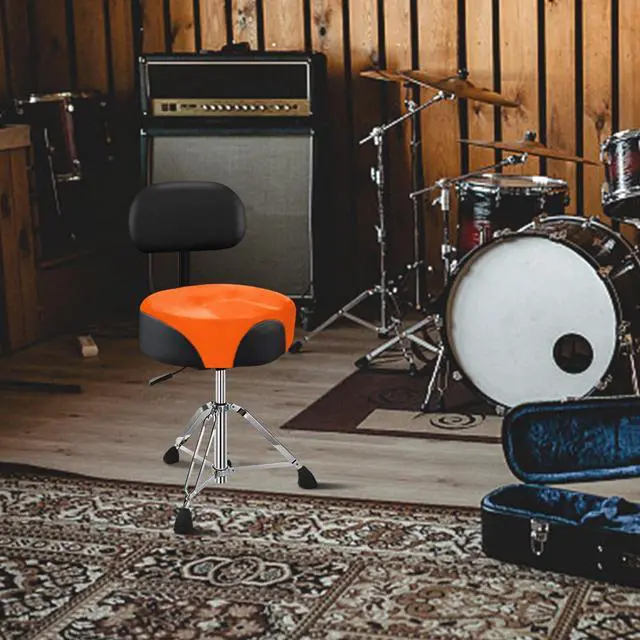 Alt view image 2 of 6 - Pro Drum Stool with Backrest, Heavy Duty Hydraulic Drum Throne, Velvet-Covered Ergonomic Memory Foam Drum Seat, Adjustable Drum Chair Anti-Slip Base, Drum Saddle Bench (Orange W/Backrest)