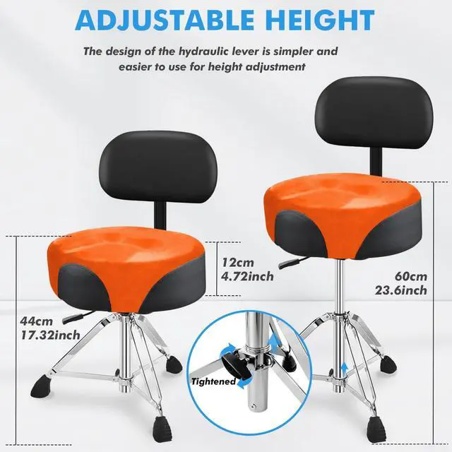 Alt view image 3 of 6 - Pro Drum Stool with Backrest, Heavy Duty Hydraulic Drum Throne, Velvet-Covered Ergonomic Memory Foam Drum Seat, Adjustable Drum Chair Anti-Slip Base, Drum Saddle Bench (Orange W/Backrest)