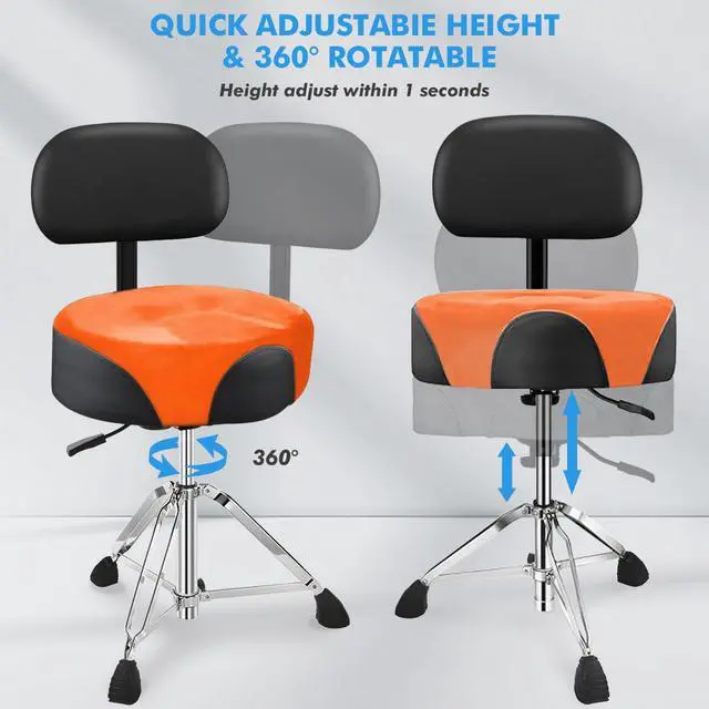Alt view image 4 of 6 - Pro Drum Stool with Backrest, Heavy Duty Hydraulic Drum Throne, Velvet-Covered Ergonomic Memory Foam Drum Seat, Adjustable Drum Chair Anti-Slip Base, Drum Saddle Bench (Orange W/Backrest)