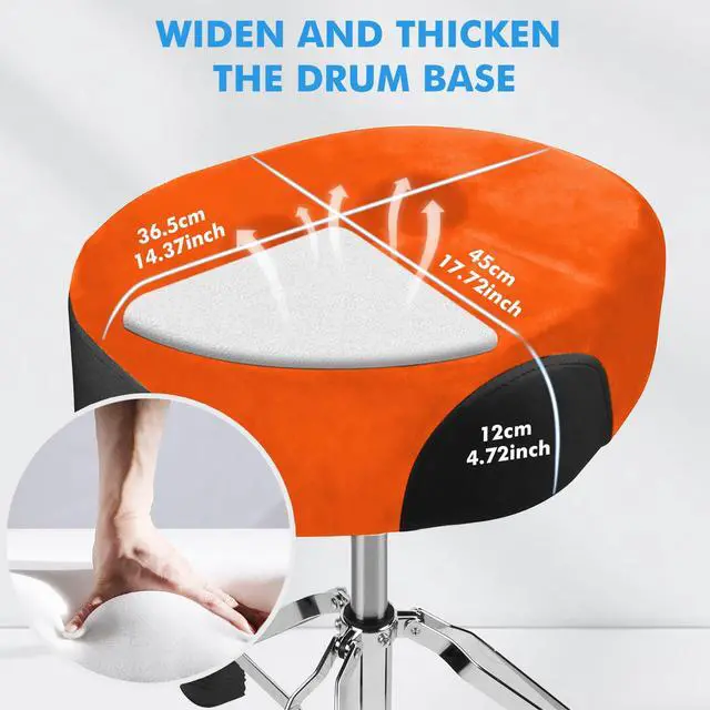 Alt view image 5 of 6 - Pro Drum Stool with Backrest, Heavy Duty Hydraulic Drum Throne, Velvet-Covered Ergonomic Memory Foam Drum Seat, Adjustable Drum Chair Anti-Slip Base, Drum Saddle Bench (Orange W/Backrest)