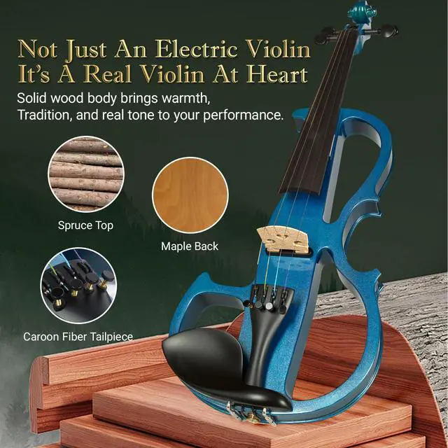 Alt view image 3 of 6 - Cobalt Blue Silent Electric Violin 4/4 Full Size, Acoustic-Electric Violin for Beginners & Students, Quiet Practice with Headphones, High-Fidelity Pickup, Complete Starter Kit