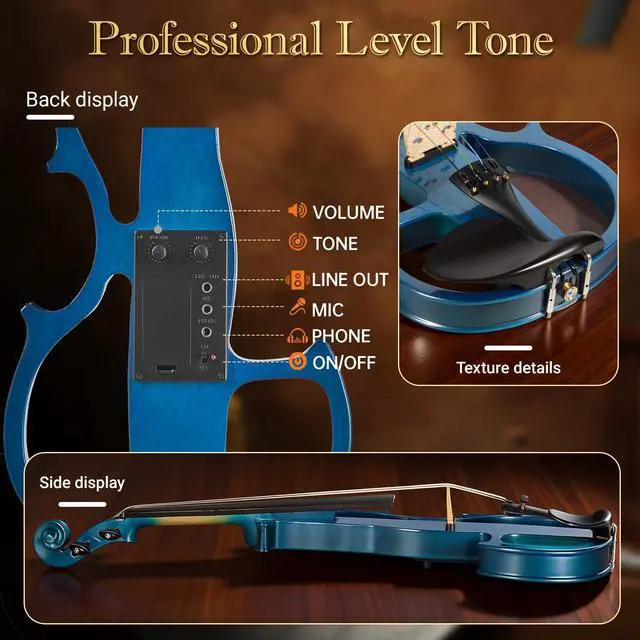 Alt view image 4 of 6 - Cobalt Blue Silent Electric Violin 4/4 Full Size, Acoustic-Electric Violin for Beginners & Students, Quiet Practice with Headphones, High-Fidelity Pickup, Complete Starter Kit