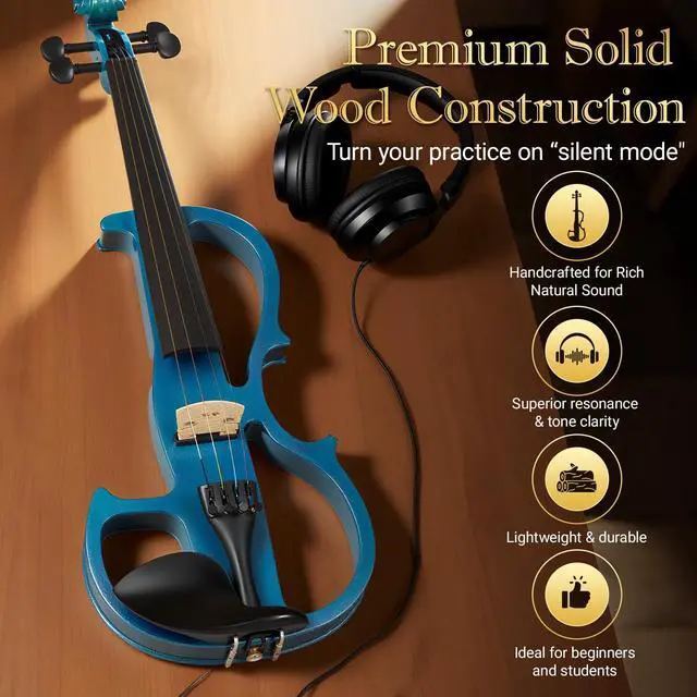 Alt view image 5 of 6 - Cobalt Blue Silent Electric Violin 4/4 Full Size, Acoustic-Electric Violin for Beginners & Students, Quiet Practice with Headphones, High-Fidelity Pickup, Complete Starter Kit