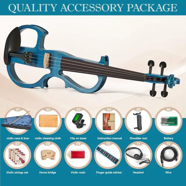 Alt view image 6 of 6 - Cobalt Blue Silent Electric Violin 4/4 Full Size, Acoustic-Electric Violin for Beginners & Students, Quiet Practice with Headphones, High-Fidelity Pickup, Complete Starter Kit