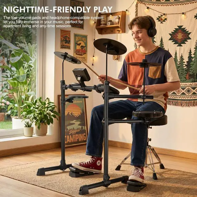 Alt view image 2 of 6 - Electric Drum Set for Beginners, All in One, Quiet Mesh Snare Pad Electronic Drum Kit, Silent Drum Pads, 3 Cymbals, 2 Pedals, Headphones, Sticks, No throne (AVMT30S-70 Sounds 7 Drum Kits)
