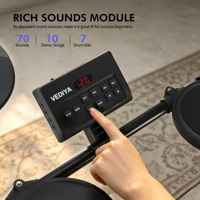 Alt view image 3 of 6 - Electric Drum Set for Beginners, All in One, Quiet Mesh Snare Pad Electronic Drum Kit, Silent Drum Pads, 3 Cymbals, 2 Pedals, Headphones, Sticks, No throne (AVMT30S-70 Sounds 7 Drum Kits)