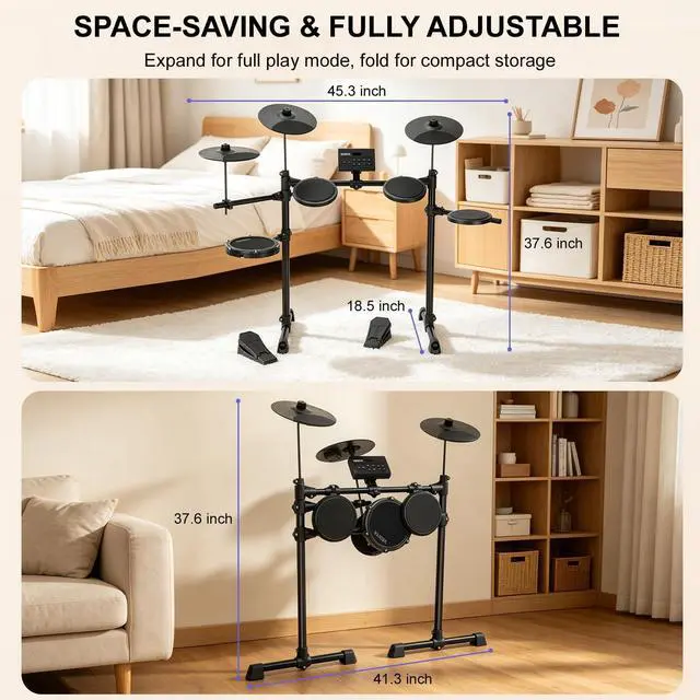 Alt view image 5 of 6 - Electric Drum Set for Beginners, All in One, Quiet Mesh Snare Pad Electronic Drum Kit, Silent Drum Pads, 3 Cymbals, 2 Pedals, Headphones, Sticks, No throne (AVMT30S-70 Sounds 7 Drum Kits)