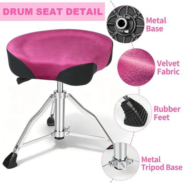 Alt view image 4 of 6 - Drum Throne, Hydraulic Drum Stool, Height Ajustable Drumming Seat, Heavy Duty Velvet Chair, Motorcycle Saddle Throne, Padded for Drummer Adult Men Rose GD01