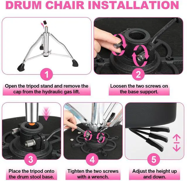 Alt view image 6 of 6 - Drum Throne, Hydraulic Drum Stool, Height Ajustable Drumming Seat, Heavy Duty Velvet Chair, Motorcycle Saddle Throne, Padded for Drummer Adult Men Rose GD01