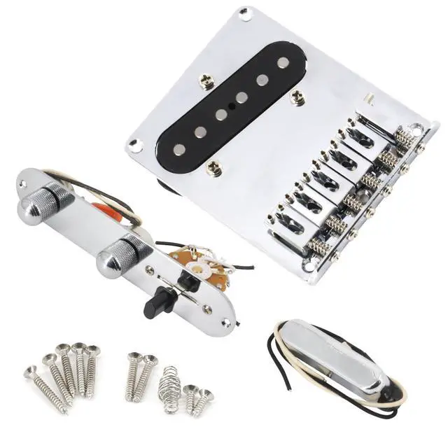 Alt view image 2 of 6 - 6 Strings Saddle Bridge Plate Prewired 3 Way Switch Control Plate Neck Pickup Set for Squier Telecaster Electric Guitar Replacement Parts Chrome