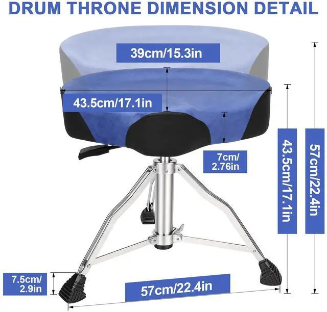 Alt view image 2 of 6 - Drum Throne, Hydraulic Drum Stool, Height Ajustable Drumming Seat, Heavy Duty Velvet Chair, Motorcycle Saddle Throne, Padded for Drummer Adult Men Blue GD01