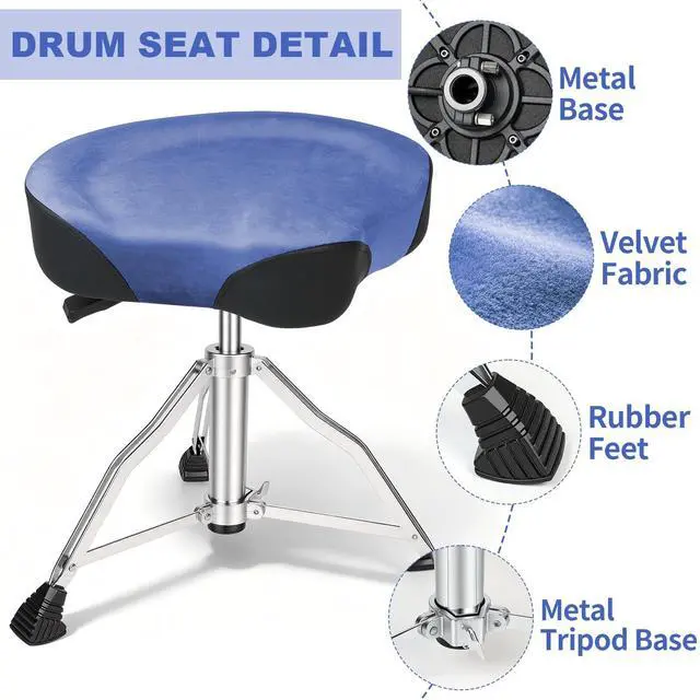 Alt view image 4 of 6 - Drum Throne, Hydraulic Drum Stool, Height Ajustable Drumming Seat, Heavy Duty Velvet Chair, Motorcycle Saddle Throne, Padded for Drummer Adult Men Blue GD01