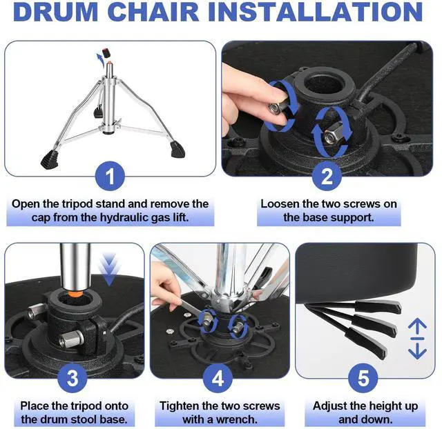 Alt view image 6 of 6 - Drum Throne, Hydraulic Drum Stool, Height Ajustable Drumming Seat, Heavy Duty Velvet Chair, Motorcycle Saddle Throne, Padded for Drummer Adult Men Blue GD01