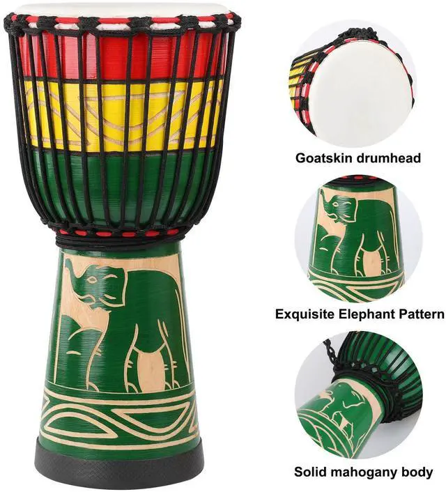 Alt view image 2 of 6 - Djembe Drum 10'' x 20'' African Hand Drum with Goatskin DrumHead,Mahogany Body,Hand-carved Elephant Patterns for Adults Student Beginners (Green)