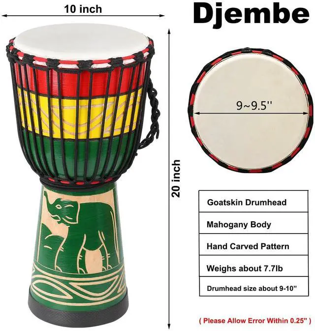Alt view image 3 of 6 - Djembe Drum 10'' x 20'' African Hand Drum with Goatskin DrumHead,Mahogany Body,Hand-carved Elephant Patterns for Adults Student Beginners (Green)
