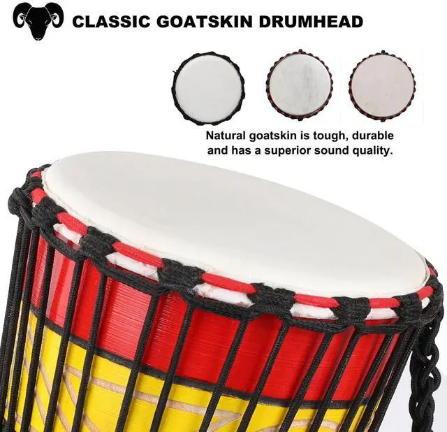 Alt view image 4 of 6 - Djembe Drum 10'' x 20'' African Hand Drum with Goatskin DrumHead,Mahogany Body,Hand-carved Elephant Patterns for Adults Student Beginners (Green)