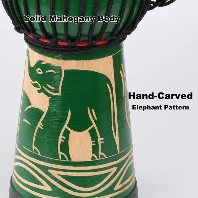 Alt view image 5 of 6 - Djembe Drum 10'' x 20'' African Hand Drum with Goatskin DrumHead,Mahogany Body,Hand-carved Elephant Patterns for Adults Student Beginners (Green)