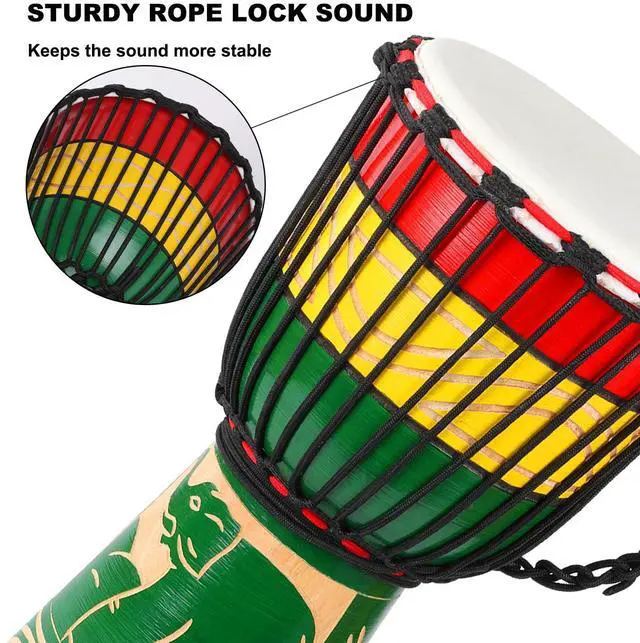 Alt view image 6 of 6 - Djembe Drum 10'' x 20'' African Hand Drum with Goatskin DrumHead,Mahogany Body,Hand-carved Elephant Patterns for Adults Student Beginners (Green)