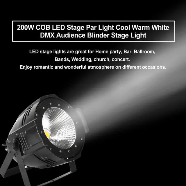 Alt view image 3 of 6 - 200W COB LED Stage Par Light with Barn Door, Spotlights Follow Spot DMX512 Cool & Warm White Audience Blinder, Sound Activated, Master/Slave 2in1 for DJ Concert Wedding Bar Events, Stage Lighting