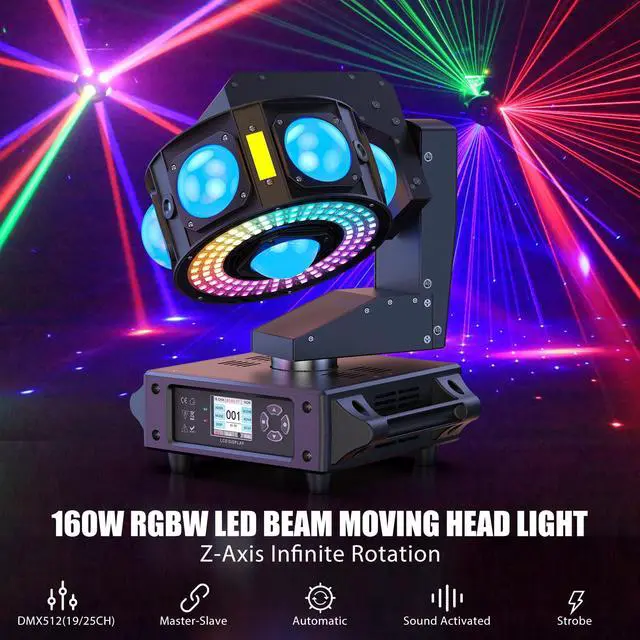 Alt view image 2 of 6 - DJ Moving Head Light,XYZ 3-Axis Infinite Rotating 7 LED Beams Stage Lighting with 108x0.2W Colorful Circle,Starry,Amber Strobe Effect,Sound Activate DMX512 19/25CH for Disco Party Wedding Live House