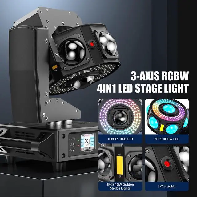Alt view image 3 of 6 - DJ Moving Head Light,XYZ 3-Axis Infinite Rotating 7 LED Beams Stage Lighting with 108x0.2W Colorful Circle,Starry,Amber Strobe Effect,Sound Activate DMX512 19/25CH for Disco Party Wedding Live House