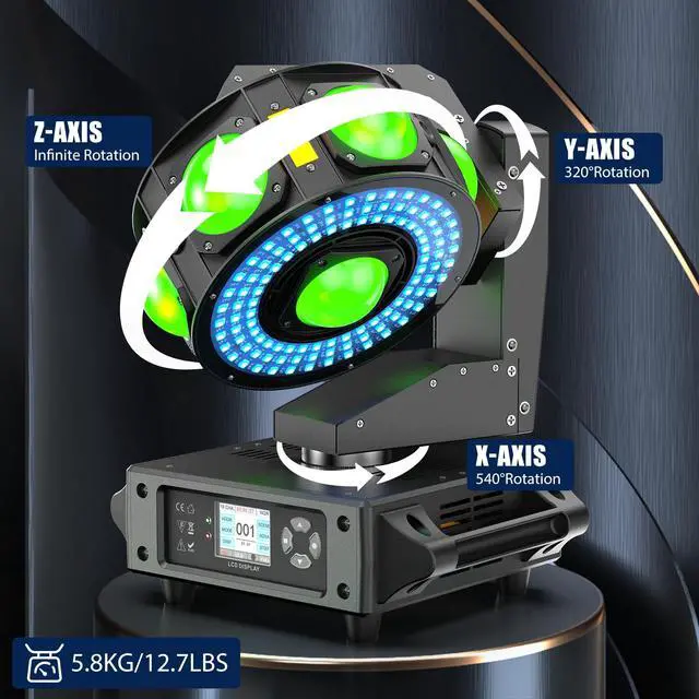 Alt view image 5 of 6 - DJ Moving Head Light,XYZ 3-Axis Infinite Rotating 7 LED Beams Stage Lighting with 108x0.2W Colorful Circle,Starry,Amber Strobe Effect,Sound Activate DMX512 19/25CH for Disco Party Wedding Live House