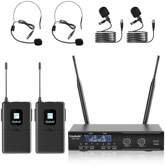 Main image of Dual-Channel UHF Wireless Lavalier Microphone System for Church | Complete 4-in-1 Kit: 2 Bodypacks, 2 Headset Mics, 2 Lapel Mics, 200 Frequencies, XLR/6.35 mm for Teaching and Presentations