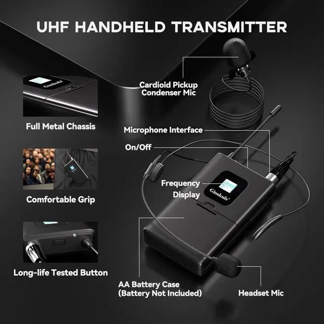 Alt view image 4 of 6 - Dual-Channel UHF Wireless Lavalier Microphone System for Church | Complete 4-in-1 Kit: 2 Bodypacks, 2 Headset Mics, 2 Lapel Mics, 200 Frequencies, XLR/6.35 mm for Teaching and Presentations