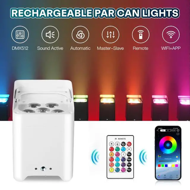 Alt view image 4 of 6 - Battery Powered Uplights Rechargeable Stage Lights 9600mAh Par Can Light 6x18W RGBWA+UV Wireless with APP Remote Control DMX 512 Sound Activated, Uplighting for Events DJ Party Wedding (White)