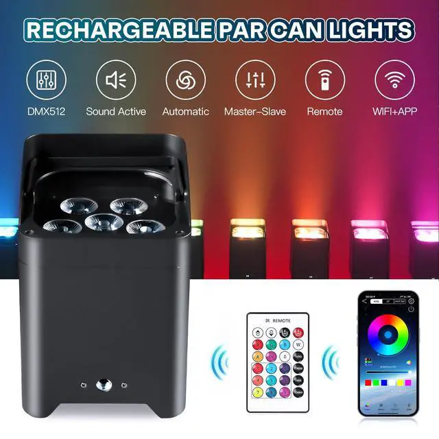 Alt view image 2 of 6 - Battery Powered Uplights Rechargeable Stage Lights 9600mAh Par Can Light 6x18W RGBWA+UV Wireless with APP Remote Control DMX 512 Sound Activated, Uplighting for Events DJ Party Wedding (Black)