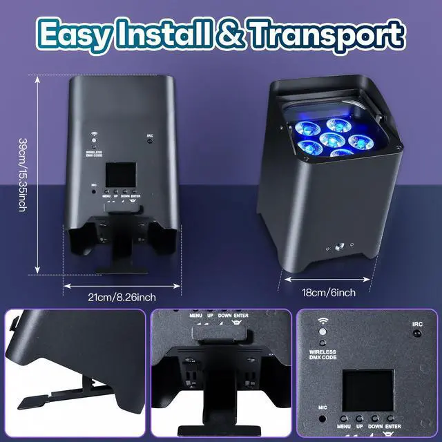 Alt view image 5 of 6 - Battery Powered Uplights Rechargeable Stage Lights 9600mAh Par Can Light 6x18W RGBWA+UV Wireless with APP Remote Control DMX 512 Sound Activated, Uplighting for Events DJ Party Wedding (Black)