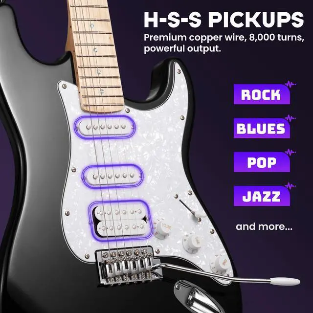 Alt view image 3 of 6 - Electric Guitar Set Beginner - 39in Starter Guitar Kit with HSS Pickup Solid Okoume Body Electric Guitar Adults with Amplifier Gig Bag Strap Picks Strings Cable Black