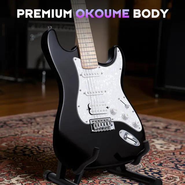 Alt view image 4 of 6 - Electric Guitar Set Beginner - 39in Starter Guitar Kit with HSS Pickup Solid Okoume Body Electric Guitar Adults with Amplifier Gig Bag Strap Picks Strings Cable Black