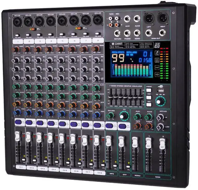 Main image of GF8 8 Channel Audio Mixer With Bluetooth Playback DJ Console | Large LCD Color Screen, 7 Band EQ, 99 Sound Effects, Independent Mute Control, for Stage, Karaoke, Wedding & Party