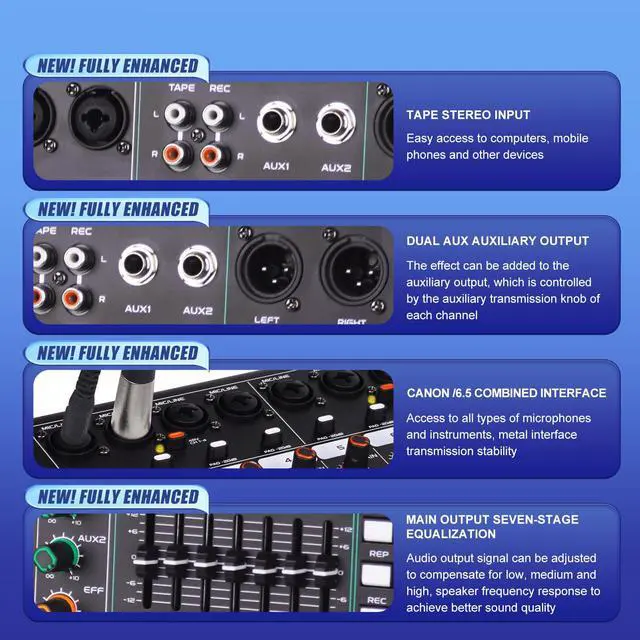 Alt view image 4 of 6 - GF8 8 Channel Audio Mixer With Bluetooth Playback DJ Console | Large LCD Color Screen, 7 Band EQ, 99 Sound Effects, Independent Mute Control, for Stage, Karaoke, Wedding & Party