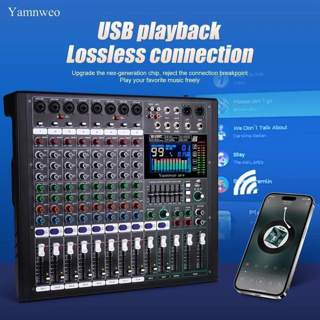 Alt view image 5 of 6 - GF8 8 Channel Audio Mixer With Bluetooth Playback DJ Console | Large LCD Color Screen, 7 Band EQ, 99 Sound Effects, Independent Mute Control, for Stage, Karaoke, Wedding & Party