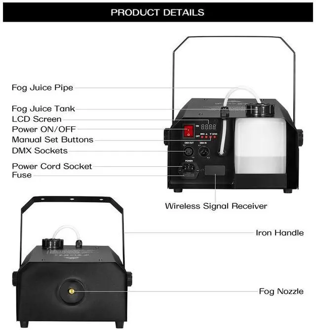Alt view image 6 of 6 - 1500W Outdoor Fog Machine DMX Timer Wireless Remote LCD Display | IPX2 Water Resistant Adjustable Fog Output, Dense Long Distance Smoke for DJ Stage Halloween Concert Events