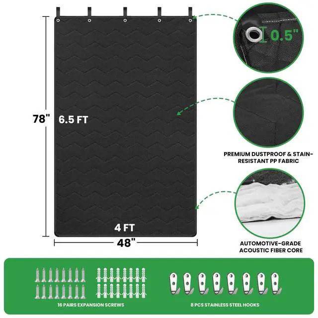 Alt view image 6 of 6 - Sound Dampening Blanket for Windows & Studios, 78L x 48 W, 2 Pcs, Black | Automotive-Grade Acoustic Fabric with Grommets, Hanging Loops and Wall Hooks, Helps Reduce Echo in Rooms and Offices