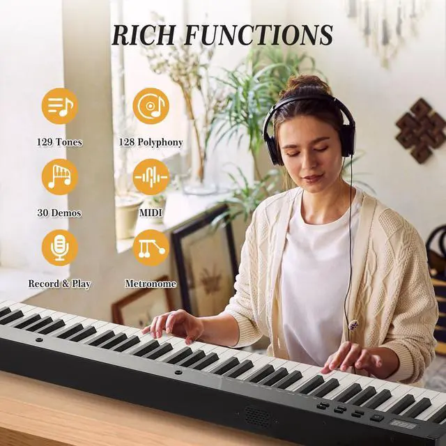 Alt view image 4 of 6 - 88 Key Weighted Folding Keyboard,Full Size Electric Piano Keyboard 88 Keys with for Beginners,Portable Case,Sustain Pedal,Black and White,Digital Piano Carry Bag,Note Sticker,Holder,Headphone