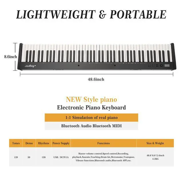 Alt view image 5 of 6 - 88 Key Weighted Folding Keyboard,Full Size Electric Piano Keyboard 88 Keys with for Beginners,Portable Case,Sustain Pedal,Black and White,Digital Piano Carry Bag,Note Sticker,Holder,Headphone